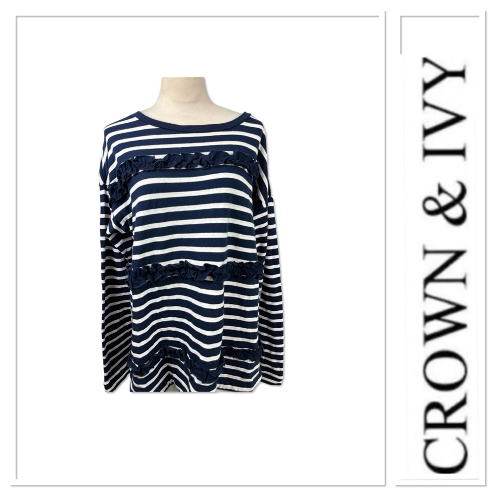 NWT Crown & Ivy blue stripe sweater with ruffle detail size XL